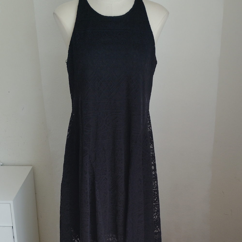 Metaphor Womens Black Lace Midi Dress Sz L Tie Neck Asymmetric Witchy Whimsigoth